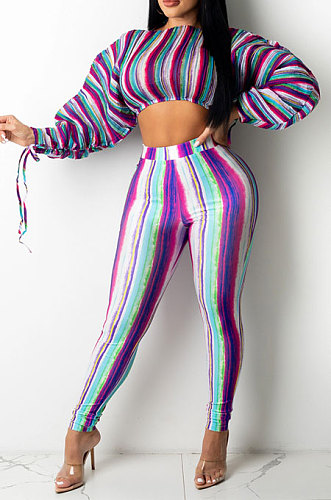Purple Casual Digital Stripe Printing Arm Drawsting Long Sleeve Round Collar Crop Tops Pencil Pants Two-Piece Q980-2