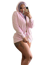 Pink Women Pure Color Double Velvet Hoodie Coat Shorts Sets NK267 -1