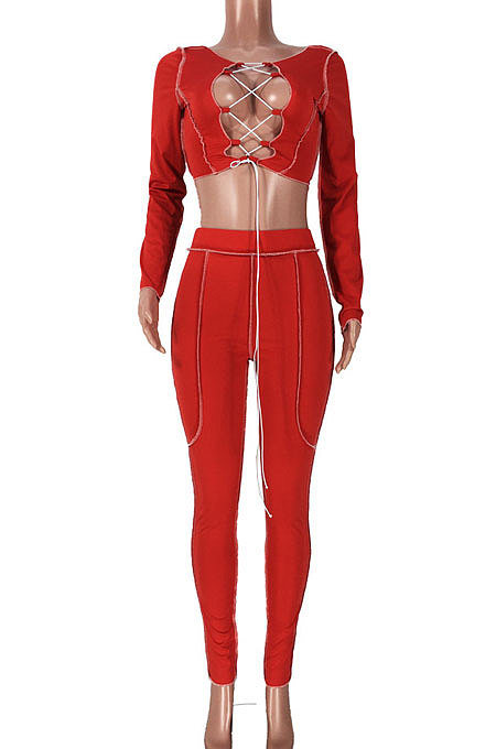 Purple Women Fashion Casual Bandage Sexy Hollow Out Line Dew Waist Pants Sets MDF5267-1