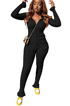 Black Women's Ribber Pure Color Single-Breasted Bodycon Pants Sets NK266-5