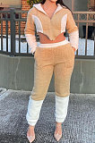 Khaki Fashion Velvet Color Matching Hoodie Zipper Dew Waist Pants Sets FFE192-1