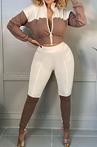 Brown And White Spliced Casual  Long Sleeve Stand Neck Doubel Zipper Head Tops Skinny Pants Suit HXY88085-3