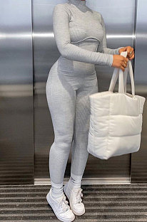Gray Women Casual Pure Color Long Sleeve Stand Collar Ribber Bodycon Jumpsuits MQX23587-1
