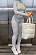 Gray Women Casual Pure Color Long Sleeve Stand Collar Ribber Bodycon Jumpsuits MQX23587-1