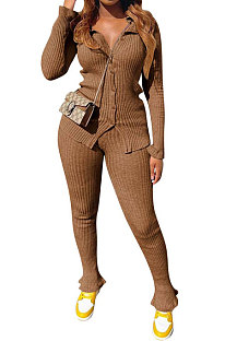 Brown Women's Ribber Pure Color Single-Breasted Bodycon Pants Sets NK266-7