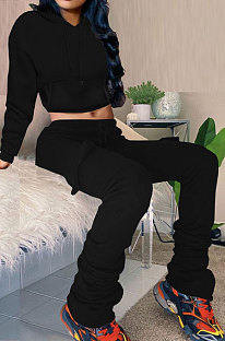 Black New Simplee Velvet Thickning Long Sleeve Hoodie Ruffle Trousers Solid Color Suit ALS269-1