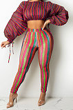 Rose Red Casual Digital Stripe Printing Arm Drawsting Long Sleeve Round Collar Crop Tops Pencil Pants Two-Piece Q980-3