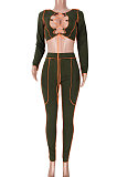 Dark Blue Women Fashion Casual Bandage Sexy Hollow Out Line Dew Waist Pants Sets MDF5267-4
