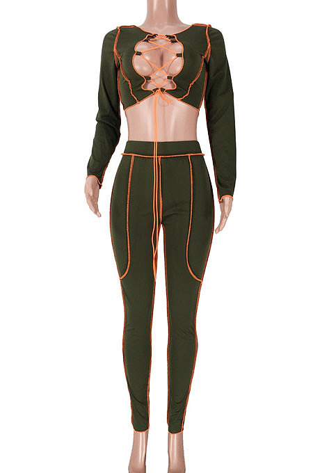 Dark Blue Women Fashion Casual Bandage Sexy Hollow Out Line Dew Waist Pants Sets MDF5267-4