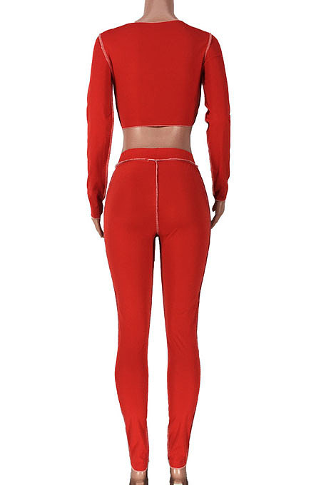 Purple Women Fashion Casual Bandage Sexy Hollow Out Line Dew Waist Pants Sets MDF5267-1