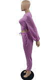 Purple Modest Women's Long Sleeve Round Neck Hoody Trousers Plain Color Suit HXY68019