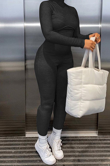 White Women Casual Pure Color Long Sleeve Stand Collar Ribber Bodycon Jumpsuits MQX23587-3