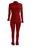 Orange Women's Ribber Pure Color Single-Breasted Bodycon Pants Sets NK266-3