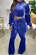 Blue Wholesale Vevet High Neck Crop Tops Flare Pants Solid Color Suit HXY88088-6