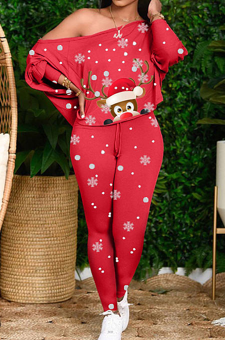 Red Fashion Christmas Printed Long Sleeve T-Shirts Skinny Pants The Home Suit LY054-1
