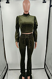 Red Wholesale Vevet High Neck Crop Tops Flare Pants Solid Color Suit HXY88088-2