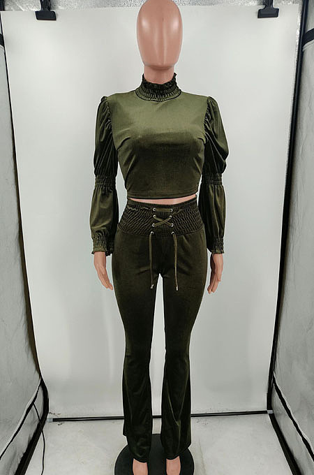 Blue Wholesale Vevet High Neck Crop Tops Flare Pants Solid Color Suit HXY88088-6
