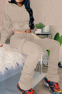 Khaki New Simplee Velvet Thickning Long Sleeve Hoodie Ruffle Trousers Solid Color Suit ALS269-4