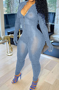WHOLESALE | Light Blue Autumn Winter Mesh Long Sleeve Zip Front Slim Fitting Jumpsuits ALS266-4