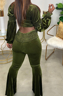 Army Green Wholesale Vevet High Neck Crop Tops Flare Pants Solid Color Suit HXY88088-3