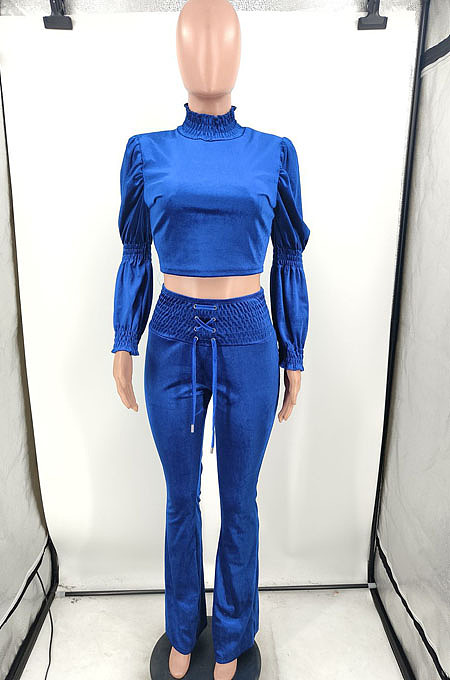 Blue Wholesale Vevet High Neck Crop Tops Flare Pants Solid Color Suit HXY88088-6