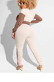 Grey And Purple Spliced Casual  Long Sleeve Stand Neck Doubel Zipper Head Tops Skinny Pants Suit HXY88085-2