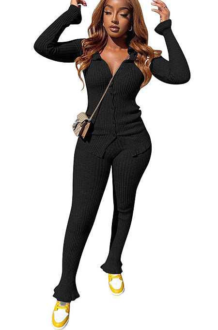 Brown Women's Ribber Pure Color Single-Breasted Bodycon Pants Sets NK266-7