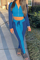 Blue Wholesale Spliced Long Sleeve Zipper Tops Pencil Pants Sport Sets ALS270-2
