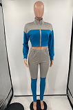 Grey And Blue Spliced Casual  Long Sleeve Stand Neck Doubel Zipper Head Tops Skinny Pants Suit HXY88085-1