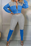 Grey And Blue Spliced Casual  Long Sleeve Stand Neck Doubel Zipper Head Tops Skinny Pants Suit HXY88085-1
