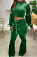 Green Wholesale Vevet High Neck Crop Tops Flare Pants Solid Color Suit HXY88088-4