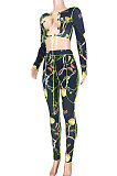 Dark Blue Women Fashion Casual Bandage Sexy Hollow Out Line Dew Waist Pants Sets MDF5267-4