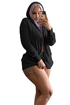 Black Women Pure Color Double Velvet Hoodie Coat Shorts Sets NK267 -3