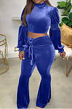Black Wholesale Vevet High Neck Crop Tops Flare Pants Solid Color Suit HXY88088-1