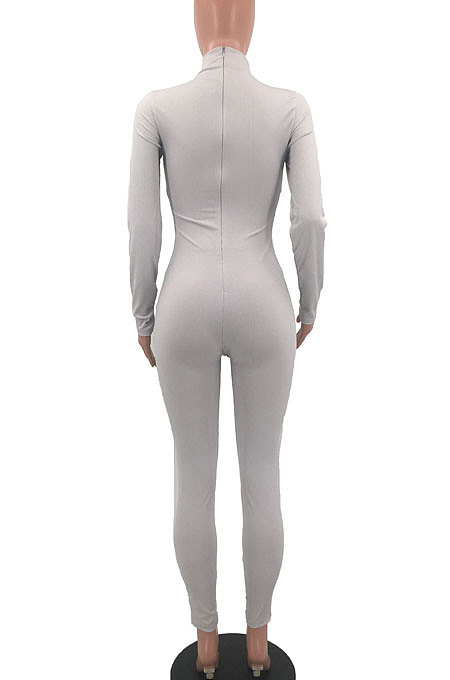 White Women Casual Pure Color Long Sleeve Stand Collar Ribber Bodycon Jumpsuits MQX23587-3