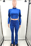 Black Wholesale Vevet High Neck Crop Tops Flare Pants Solid Color Suit HXY88088-1