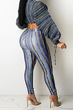 Brown Casual Digital Stripe Printing Arm Drawsting Long Sleeve Round Collar Crop Tops Pencil Pants Two-Piece Q980-1