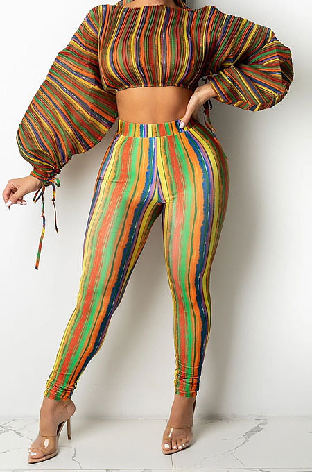 Purple Casual Digital Stripe Printing Arm Drawsting Long Sleeve Round Collar Crop Tops Pencil Pants Two-Piece Q980-2