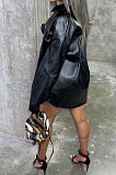 Black Sexy Loose Cardigan PU Leather Solid Color Coat ED8542
