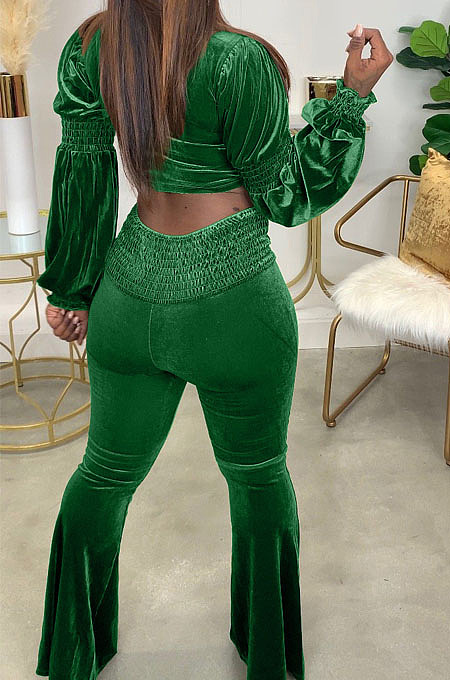 Blue Wholesale Vevet High Neck Crop Tops Flare Pants Solid Color Suit HXY88088-6