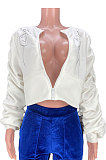 Black Sexy Printing Line Puff Sleeve Round Collar Loose Zipper Coat MDF5263-2
