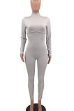 Gray Women Casual Pure Color Long Sleeve Stand Collar Ribber Bodycon Jumpsuits MQX23587-1