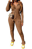 Light Blue Women's Ribber Pure Color Single-Breasted Bodycon Pants Sets NK266-9