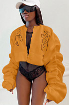 Orange Sexy Printing Line Puff Sleeve Round Collar Loose Zipper Coat MDF5263-3