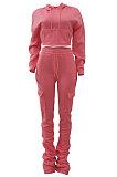 Pink New Simplee Velvet Thickning Long Sleeve Hoodie Ruffle Trousers Solid Color Suit ALS269-6