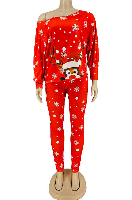 Red Fashion Christmas Printed Long Sleeve T-Shirts Skinny Pants The Home Suit LY054-1