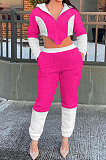 Black Fashion Velvet Color Matching Hoodie Zipper Dew Waist Pants Sets FFE192-2