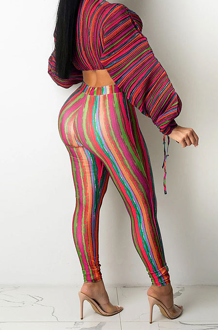 Purple Casual Digital Stripe Printing Arm Drawsting Long Sleeve Round Collar Crop Tops Pencil Pants Two-Piece Q980-2