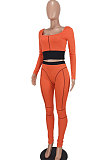 Light Olive Euramerican Women Dew Waist Casual Spliced Ribber Pants Sets ED8545-3