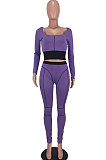 Light Olive Euramerican Women Dew Waist Casual Spliced Ribber Pants Sets ED8545-3